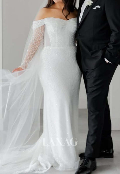 Sweetheart Long-Sleeves Mermaid Wedding Dress Fully Sequined Sweep Train Formal Gowns