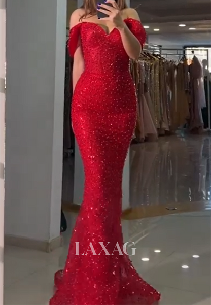 Sweetheart Fully Sequined Beaded Mermaid Prom Dress Off-Shoulder Sleeveless Party Gowns