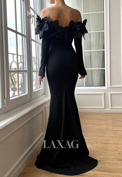 Off-Shoulder Floral Embellished Tube Top Mermaid Prom Dress Sleeveless Satin Evening Gowns