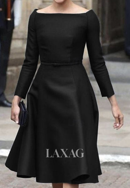 Bateau-Neck Long-Sleeves Knee-Length Satin Simple A-Line Mother of the Bride Dress