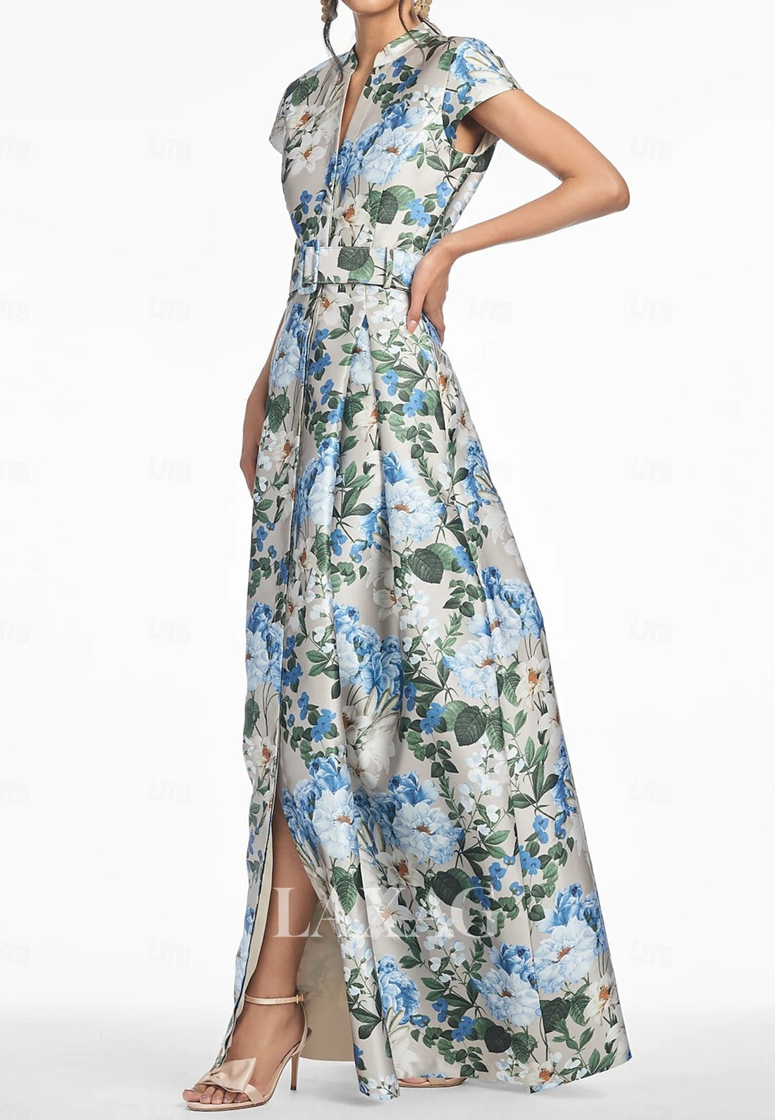 V-Neck Print-Satin Pleated High Slit Formal Gowns Cap-Sleeves Floor-Length A-Line Evening Dress