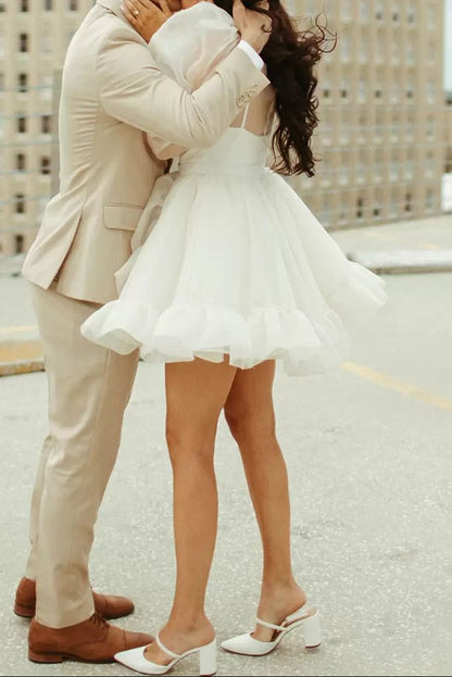 High-Neck Long-Sleeves Chiffon Pleated Tiered Short A-Line Beach Wedding Dress