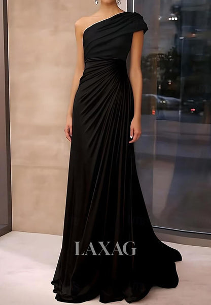 Asymmetrical-Neck Satin Pleated Formal Gowns Floor-Length Long A-Line Evening Dress