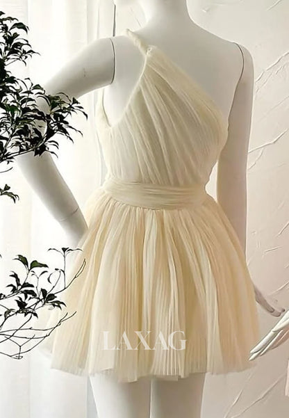 Asymmetrical-Neck Off-Shoulder Sleeveless Pleated Tulle A-Line Party Homecoming Dress