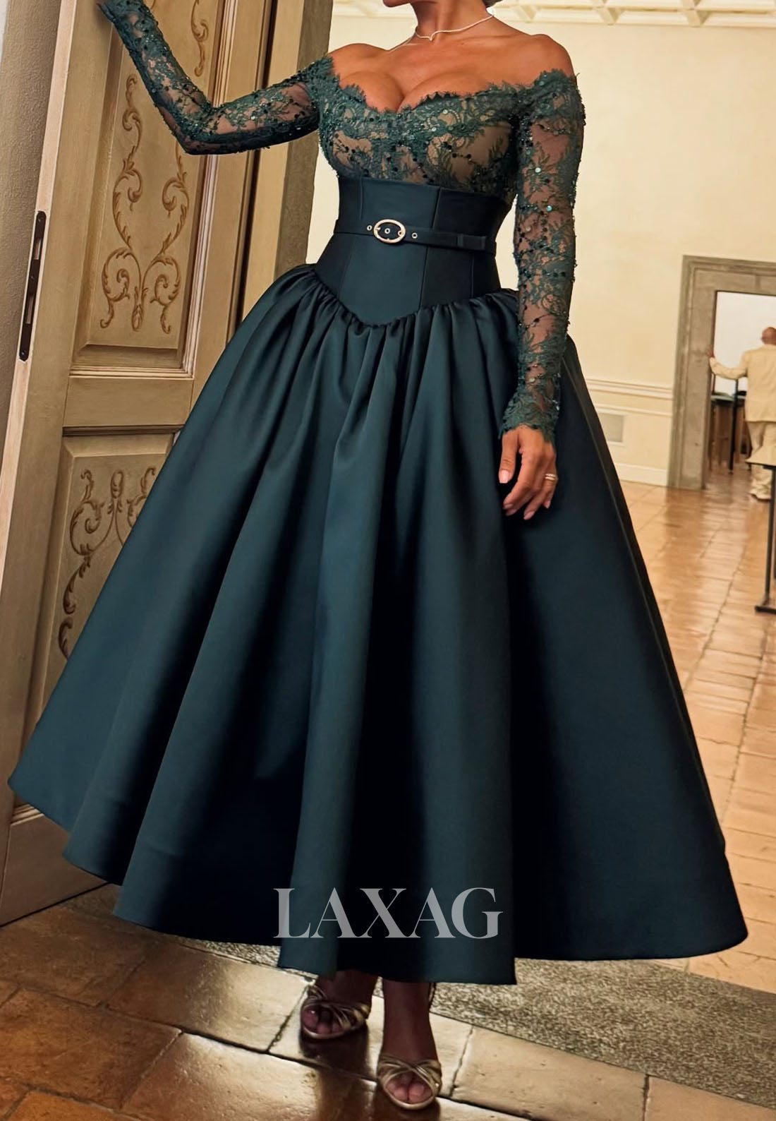 Off-Sholder Sequined Beaded Satin Formal Gowns Bateau-Neck Long-Sleeves A-Line Evening Dress