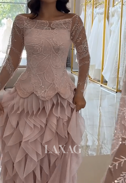Bateau-Neck Long-Sleeves Sequined Beaded Tulle&Chiffon Sheer Tiered Fitted Evening Dress