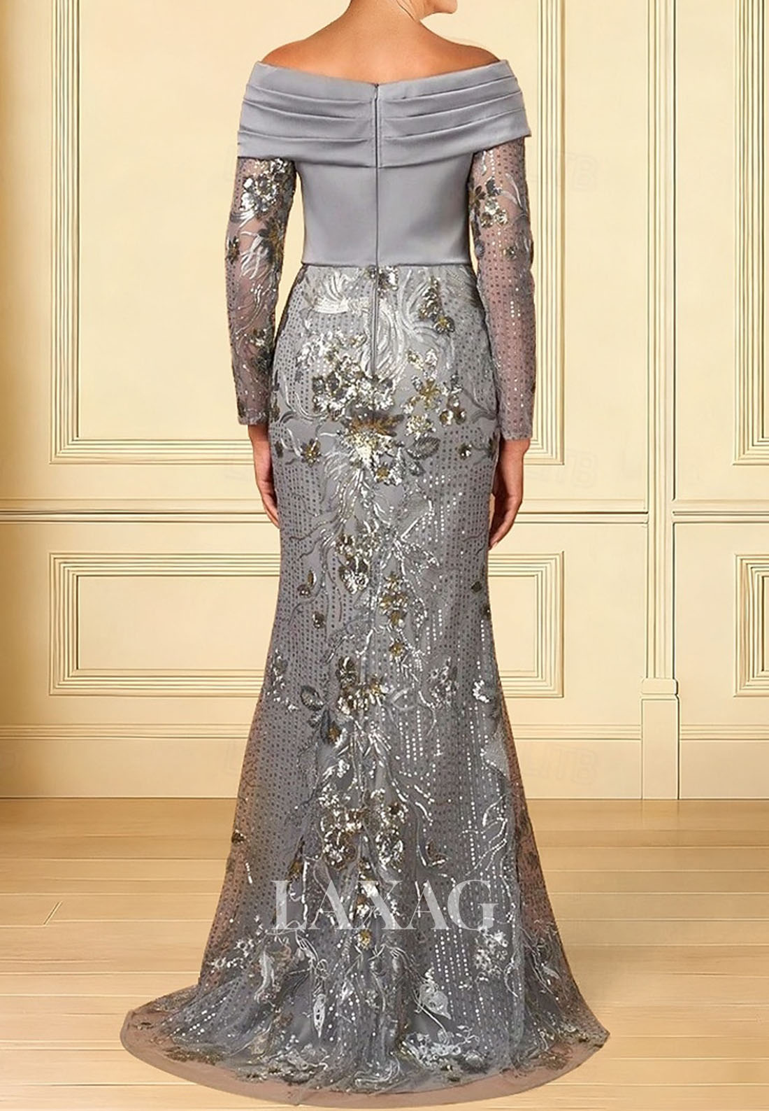 Bateau-Neck Long-Sleeves Sequined Mermaid Evening Dress Satin Pleated Floor-Length Formal Gowns