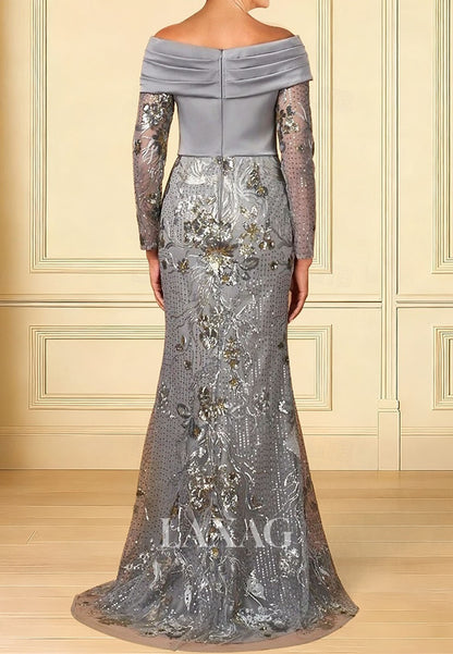 Bateau-Neck Long-Sleeves Sequined Mermaid Evening Dress Satin Pleated Floor-Length Formal Gowns