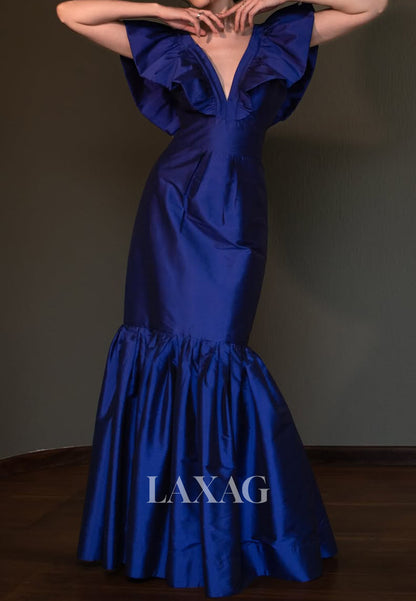 V-Neck Cap-Sleeves Pleated Satin Floor-Length Simple Trumpet Mermaid Evening Dress