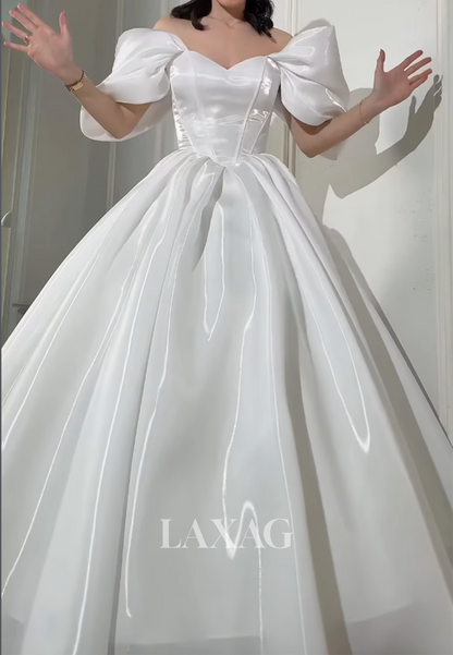 Sweetheart Puff-Sleeves Satin Pleated Floor-Length Simple A-Line Wedding Dress