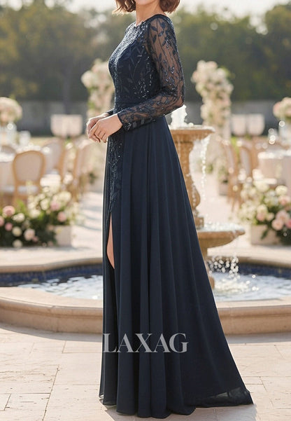 Scoop-Neck Long-Sleeves Sequined Applique Tulle&Satin A-Line Mother of the Bride Dress