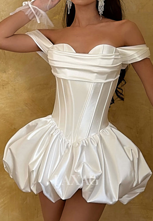 Sweetheart Off-Shoulder Sleeveless Satin Pleated Short Beach A-Line Wedding Dress