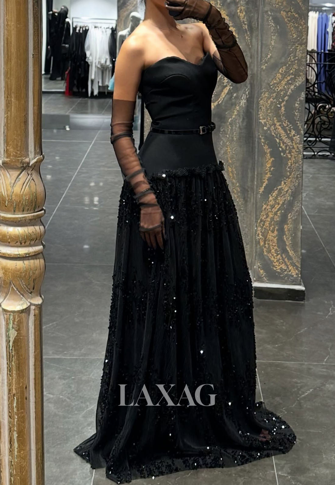 Sweetheart Off-Shoulder Sequined Pleated Satin&Tulle  A-Line Prom Dress with Long Gloves