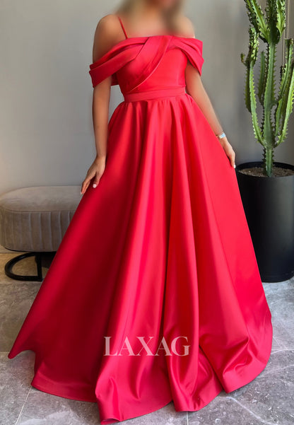 Bateau-Neck Spaghetti Straps Sleeveless Satin Pleated Floor-Length A-Line Evening Dress