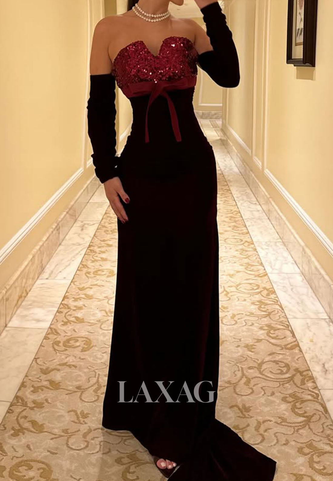 Sweetheart Sequined Pleated Satin Mermaid Evening Dress Off-Shoulder Long-Sleeves Formal Gowns