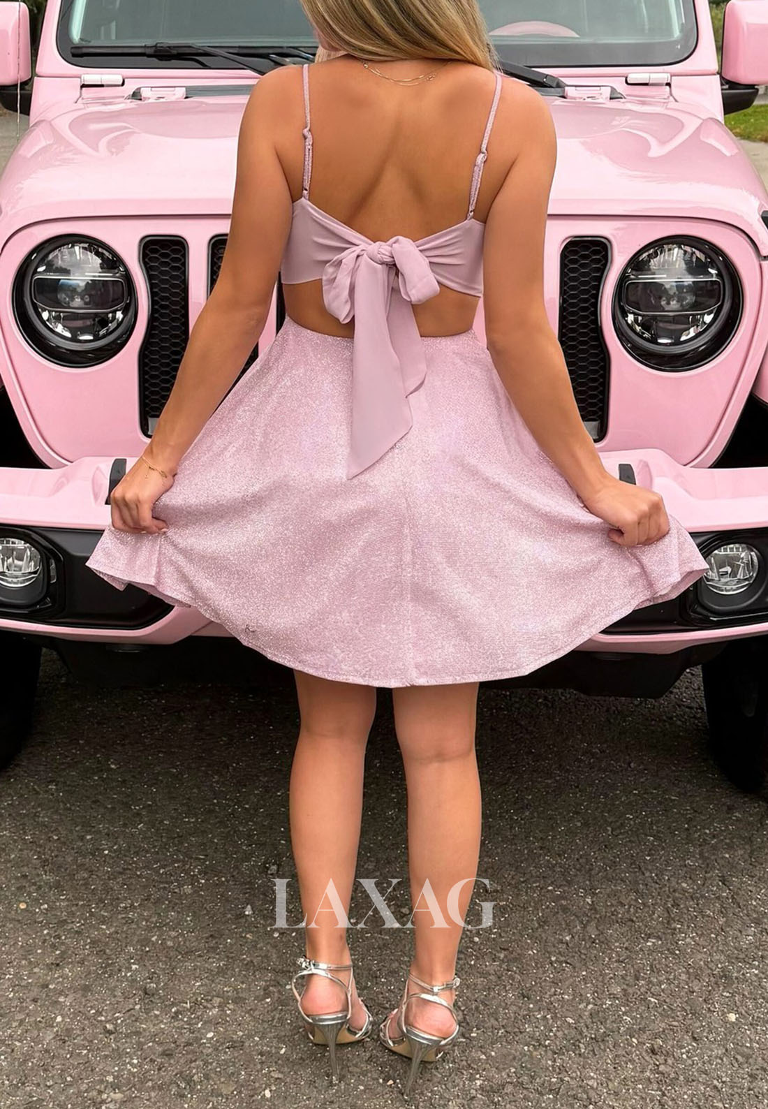 Sweetheart Spaghetti Straps Sleeveless Pleated Glitter-Knit A-Line Party Homecoming Dress