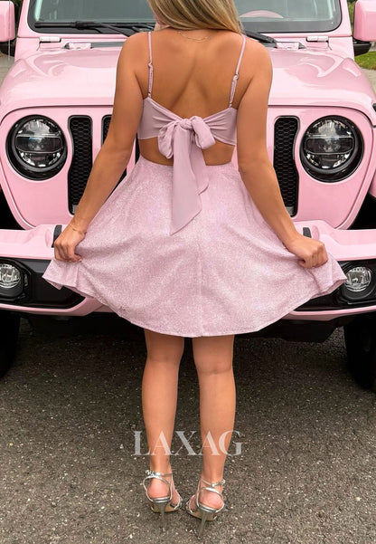 Sweetheart Spaghetti Straps Sleeveless Pleated Glitter-Knit A-Line Party Homecoming Dress