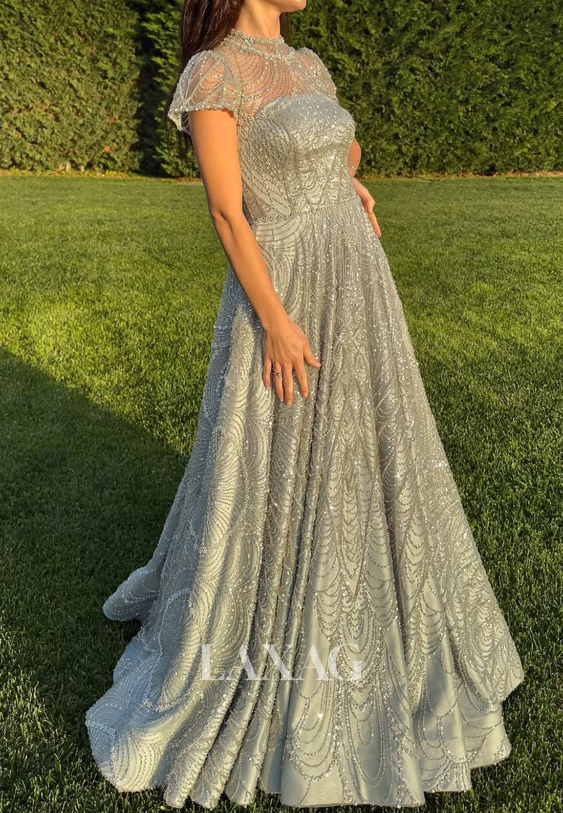 High-Neck Fully Sequined Beaded Evening Gowns Cap-Sleeves Satin Floor-Length A-Line Prom Dress