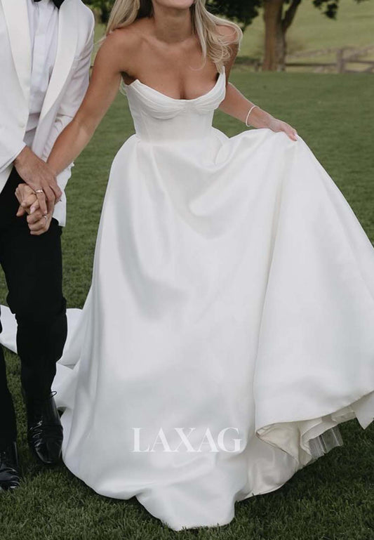 Simple Off-Shoulder Scoop-Neck Sleeveless Pleated Satin Long A-Line Wedding Dress