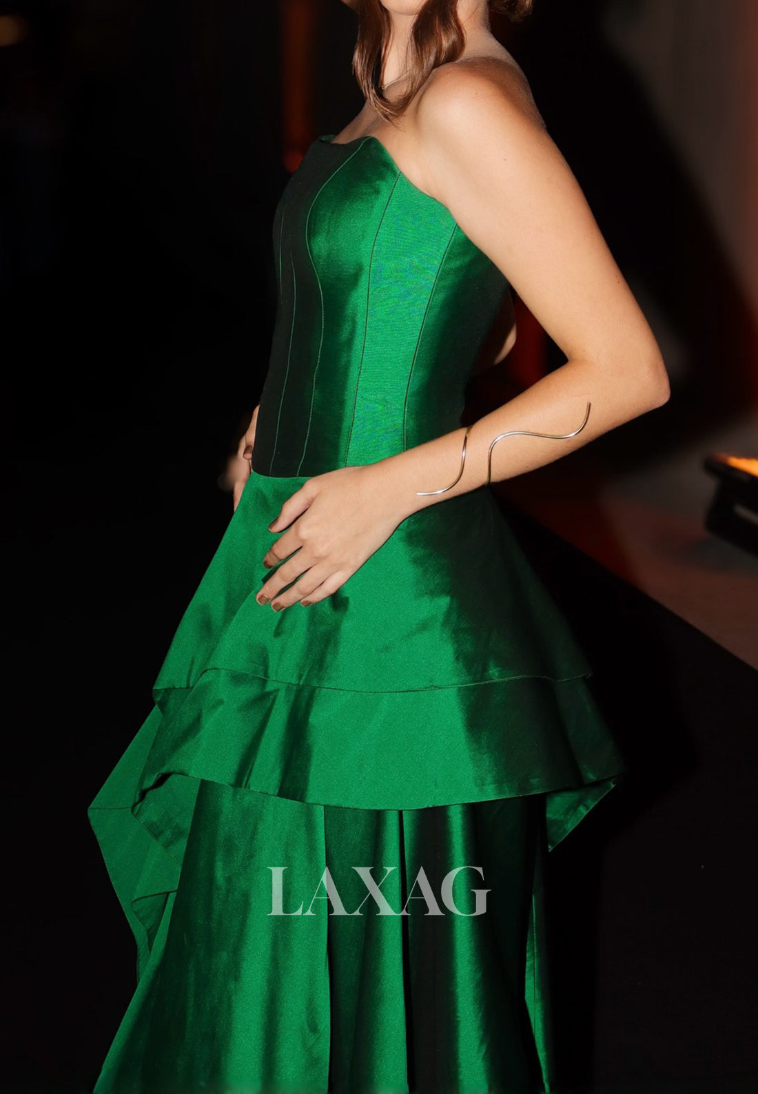 Tube Top Off-Shoulder Sleeveless Floor-Length Satin Pleated High Slit Tiered A-Line Prom Dress