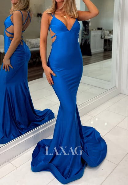 Deep V-Neck Satin Mermaid Prom Dress Spaghetti Straps Formal Gowns with Sweep Train
