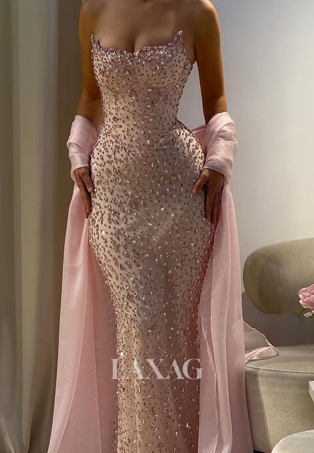 Bateau-Neck Sleeveless Floor-Length Party Gowns Fully Rhinestone Beaded Mermaid Prom Dress