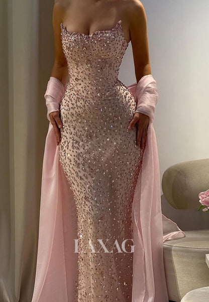 Bateau-Neck Sleeveless Floor-Length Party Gowns Fully Rhinestone Beaded Mermaid Prom Dress