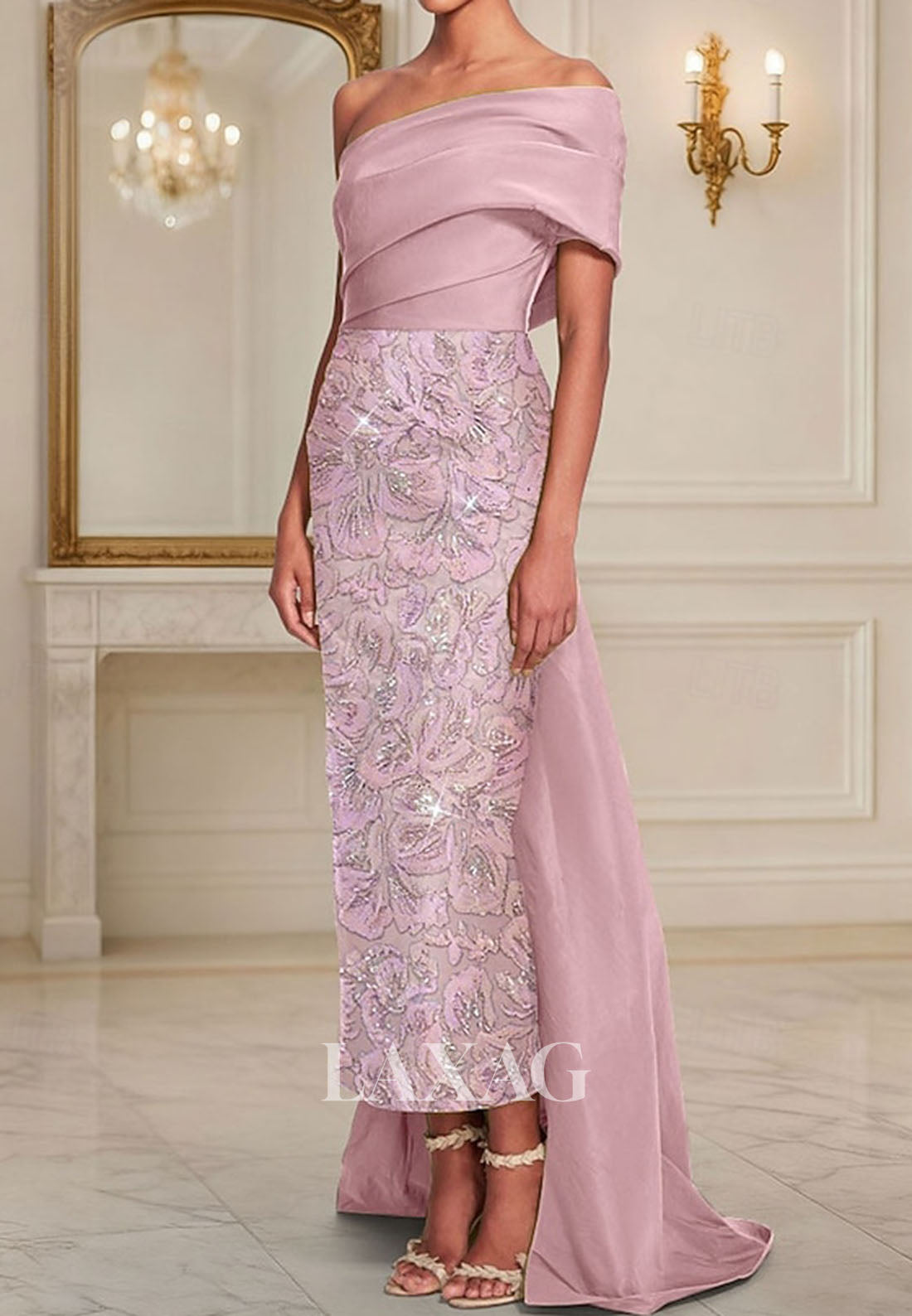 Asymmetrical-Neck Satin Pleated Formal Gowns Ankle-Length Jacquard Mermaid Evening Dress