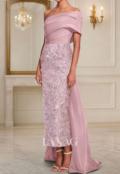 Asymmetrical-Neck Satin Pleated Formal Gowns Ankle-Length Jacquard Mermaid Evening Dress