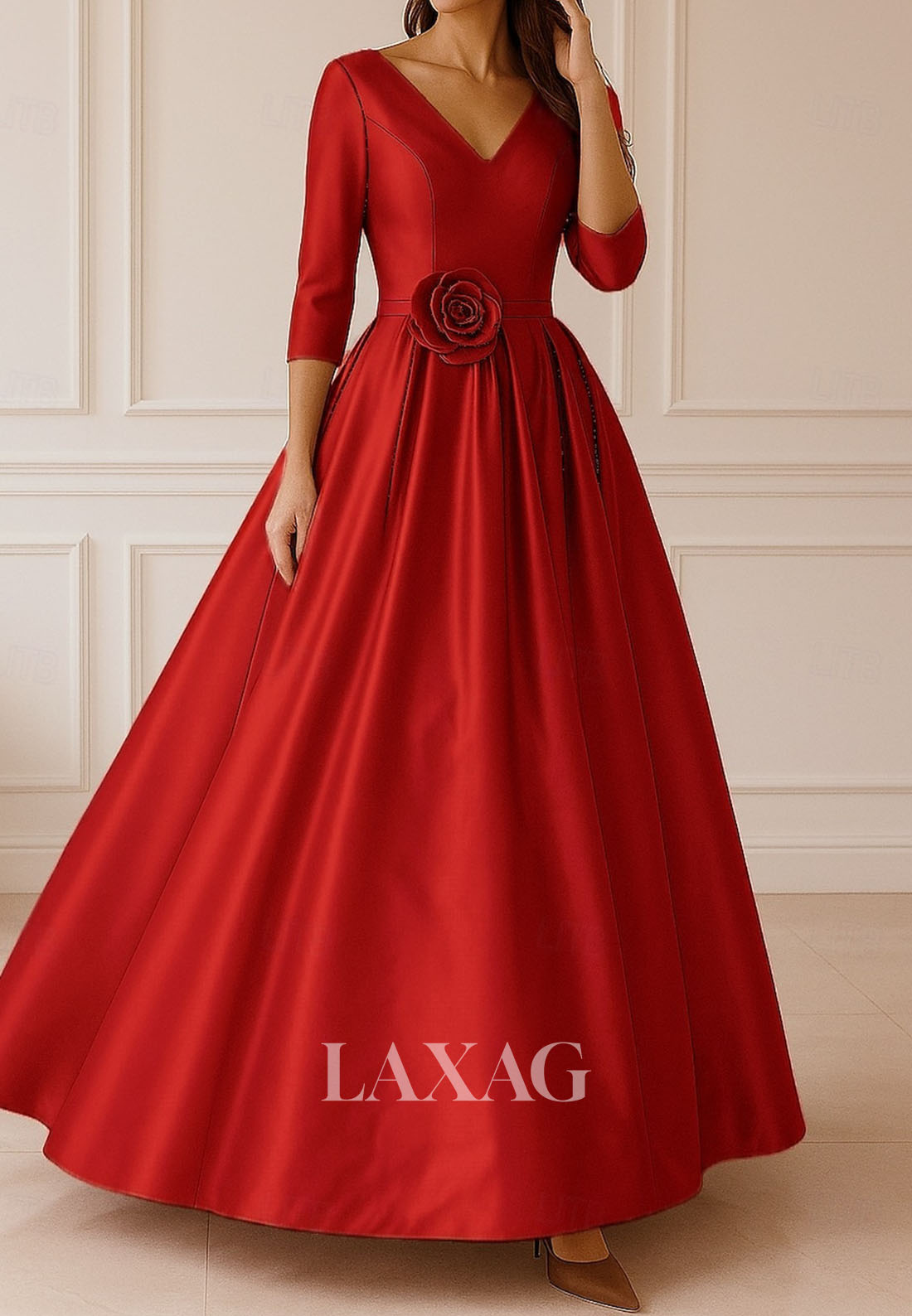 V-Neck 3/4-Sleeves Formal Gowns Floral Embellished Pleated Satin A-Line Evening Dress