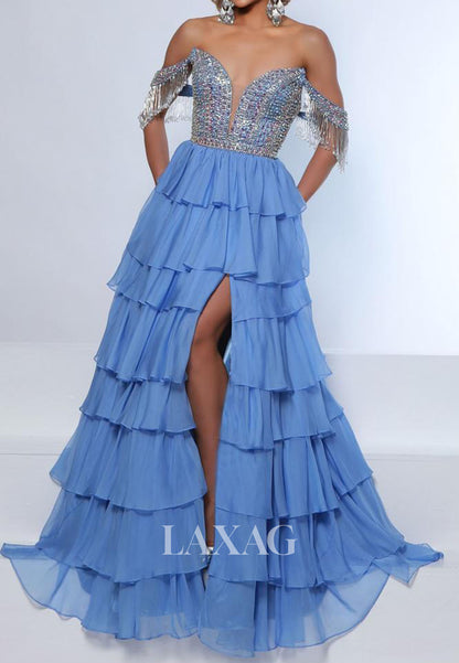 Off-Shoulder Deep V-Neck Floor-Length Beaded Sequined Chiffon Pleated Tiered A-Line Prom Dress