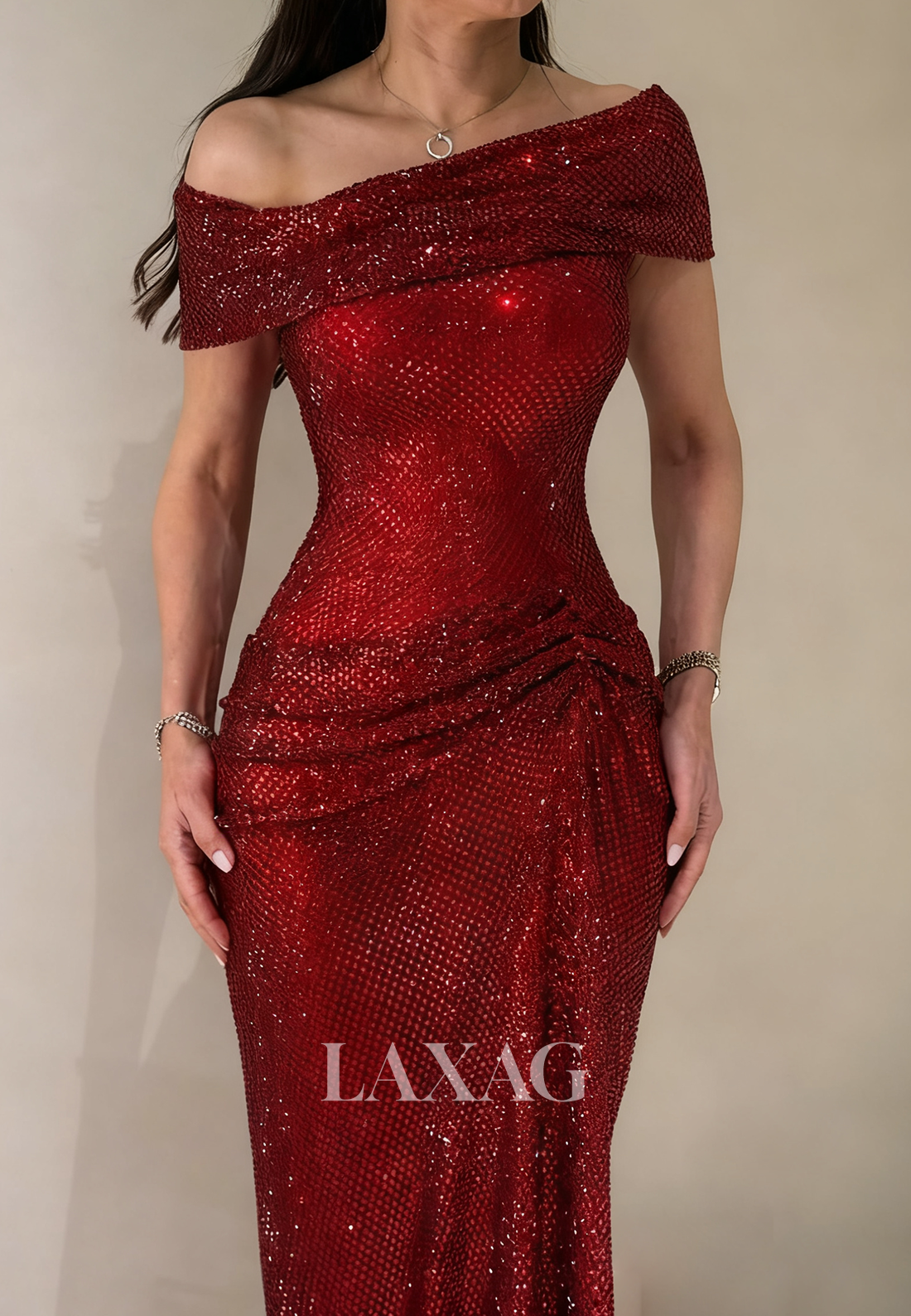 Asymmetrical-Neck Off-Shoulder Sleeveless Rhinestone Tulle Pleated Mermaid Prom Dress