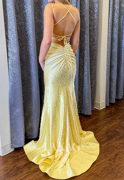Sweetheart Spaghetti Straps Fully Beaded Pearls Satin Pleated Mermaid Prom Dress with Slit