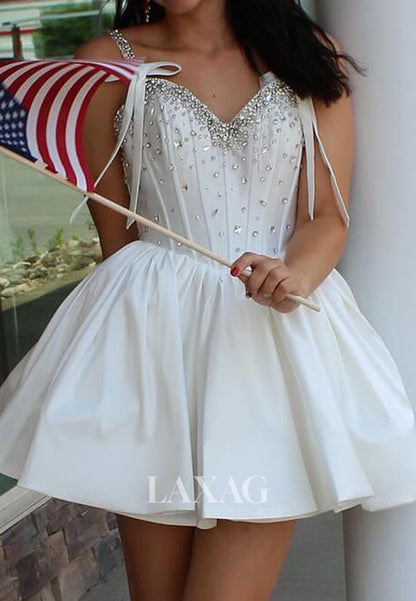 V-Neck Spaghetti Straps Sleeveless Rhinestone Pleated Satin A-Line Party Homecoming Dress