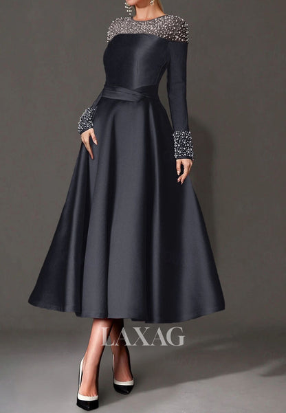 Scoop-Neck Long-Sleeves A-Line Evening Dress Beaded Pleated Satin Tea-Length Formal Gowns