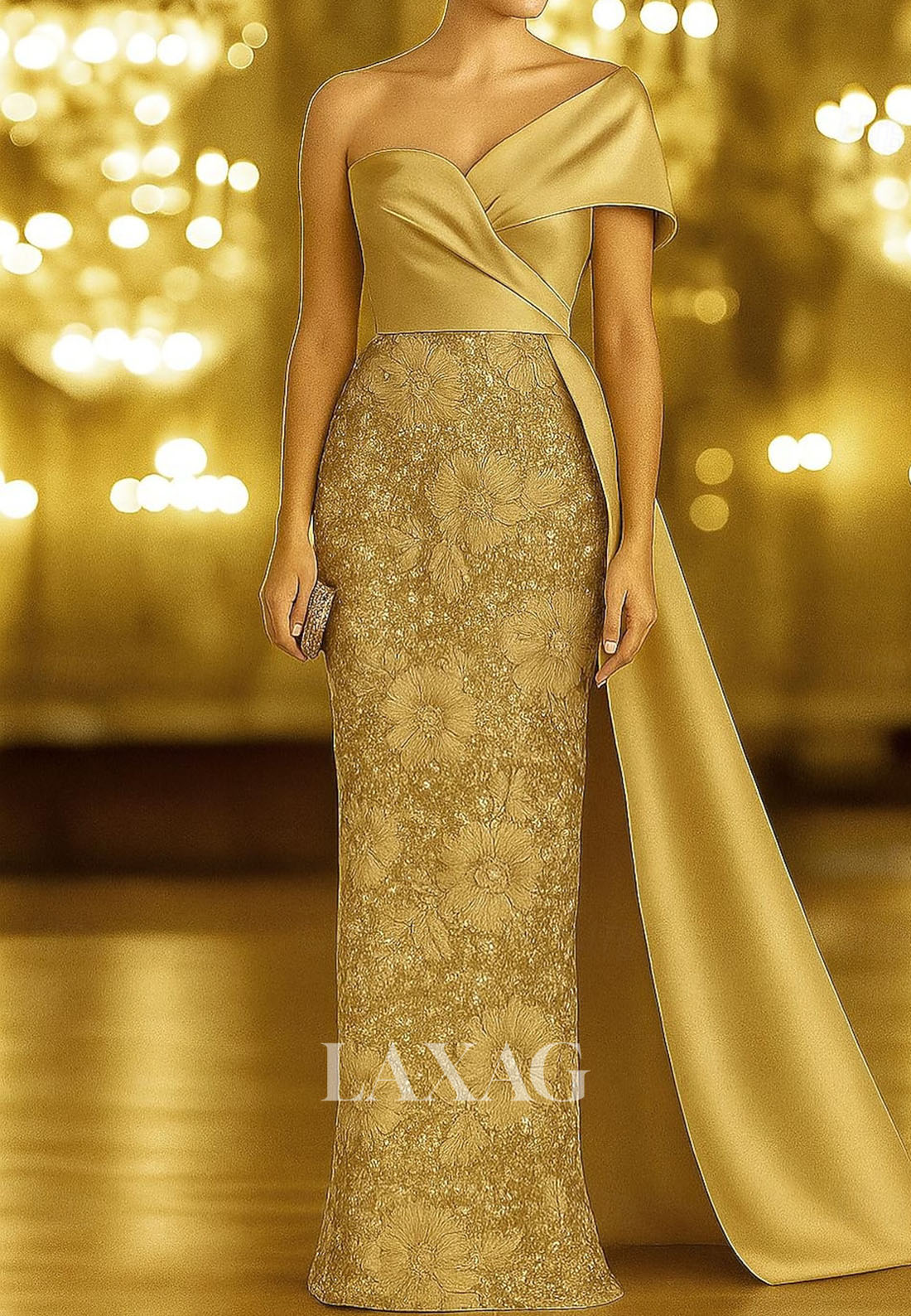 Asymmetrical-Neck Sleeveless Sequined Applique Satin Pleated Floor-Length Mermaid Evening Dress