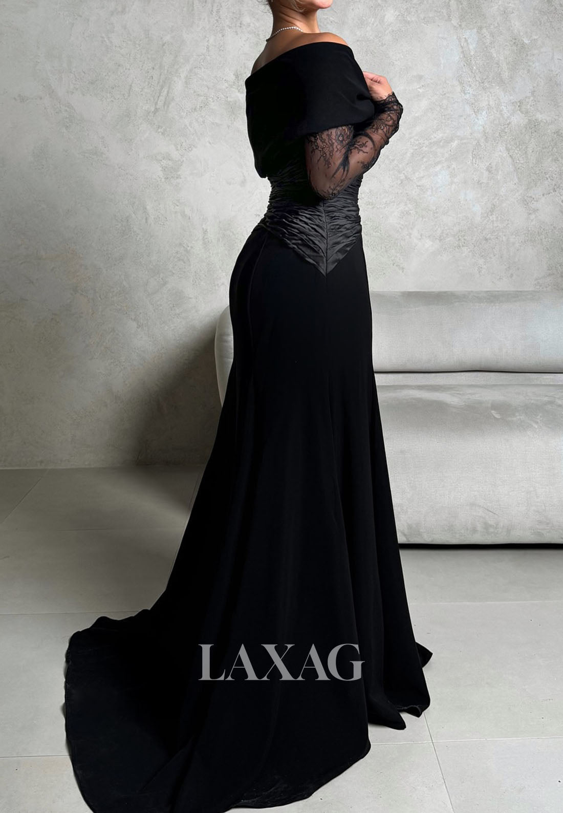 Bateau-Neck Long-Lace-Sleeves Floor-Length Pleated Satin Mermaid Evening Dress with Train