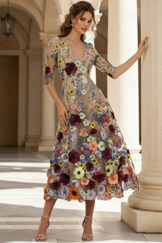 Deep V-Neck Half-Sleeves 3D-Floral Applique Tulle&Satin Tea-Length A-Line Mother of the Bride Dress