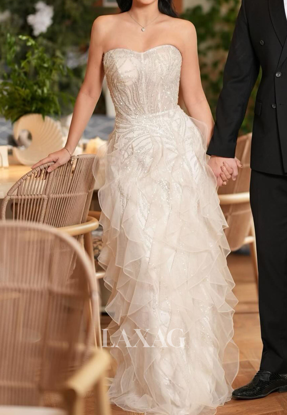 Off-Shoulder Sweetheart Tiered Mermaid Wedding Dress Long-Sleeves Sequined Beaded Bride Gowns