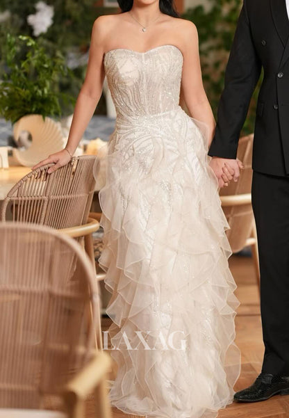 Off-Shoulder Sweetheart Tiered Mermaid Wedding Dress Long-Sleeves Sequined Beaded Bride Gowns