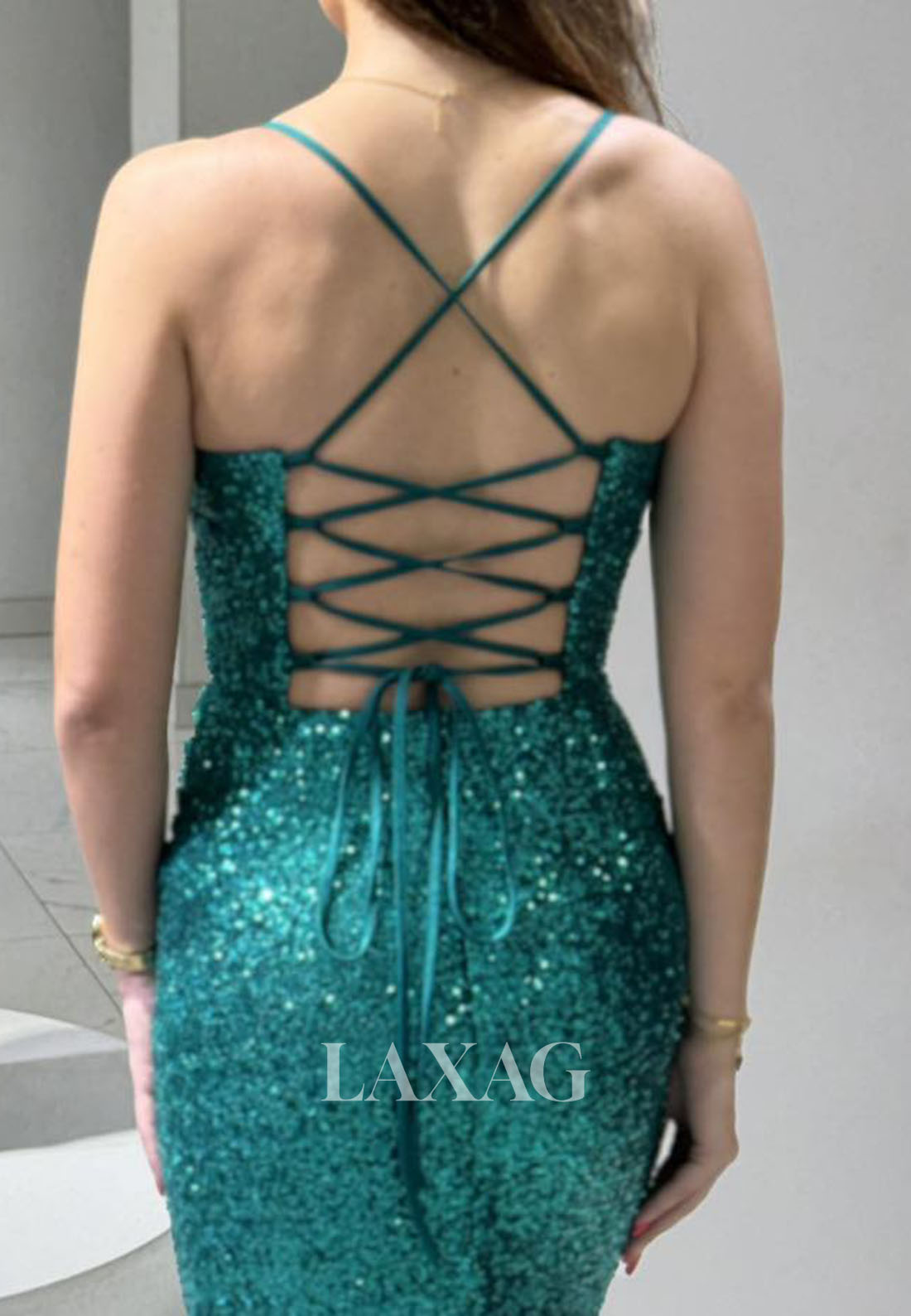 V-Neck Spaghetti Straps Slit Mermaid Prom Dress Sleeveless Fully Sequined Pleated Party Gowns