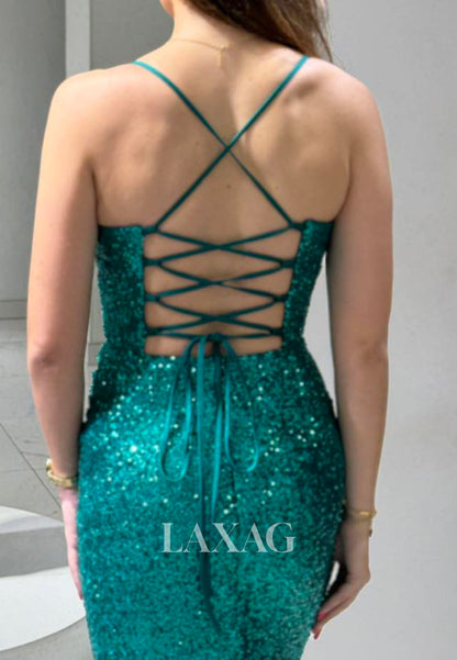 V-Neck Spaghetti Straps Slit Mermaid Prom Dress Sleeveless Fully Sequined Pleated Party Gowns