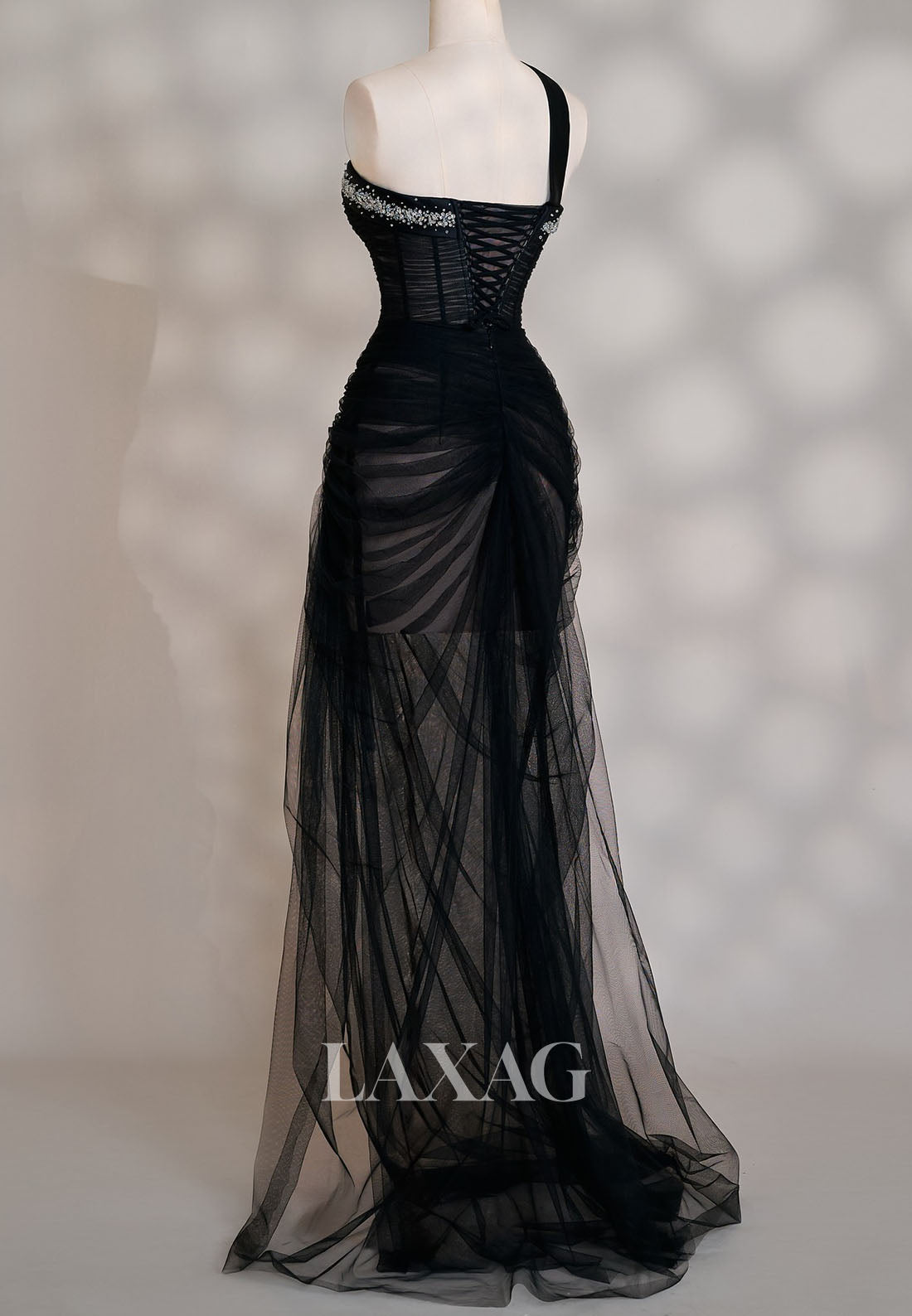 Tube Top One-Strtap Sleeveless Beaded Pleated Sheer Tulle Floor-Length Mermaid Prom Dress