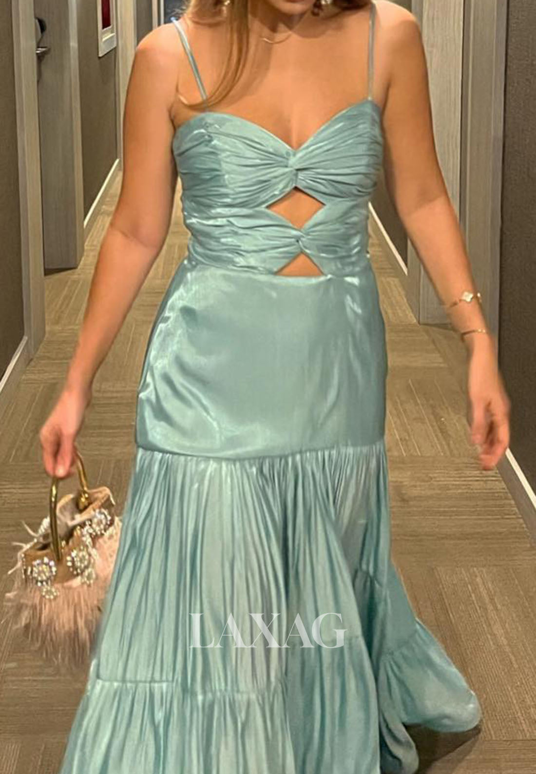 Sweetheart Spaghetti Straps Sleeveless Satin Pleated Floor-Length A-Line Party Prom Dress