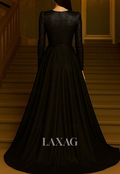 Deep V-Neck Long-Sleeves Sequined Satin Pleated Floor-Length A-Line Evening Dress with Bow