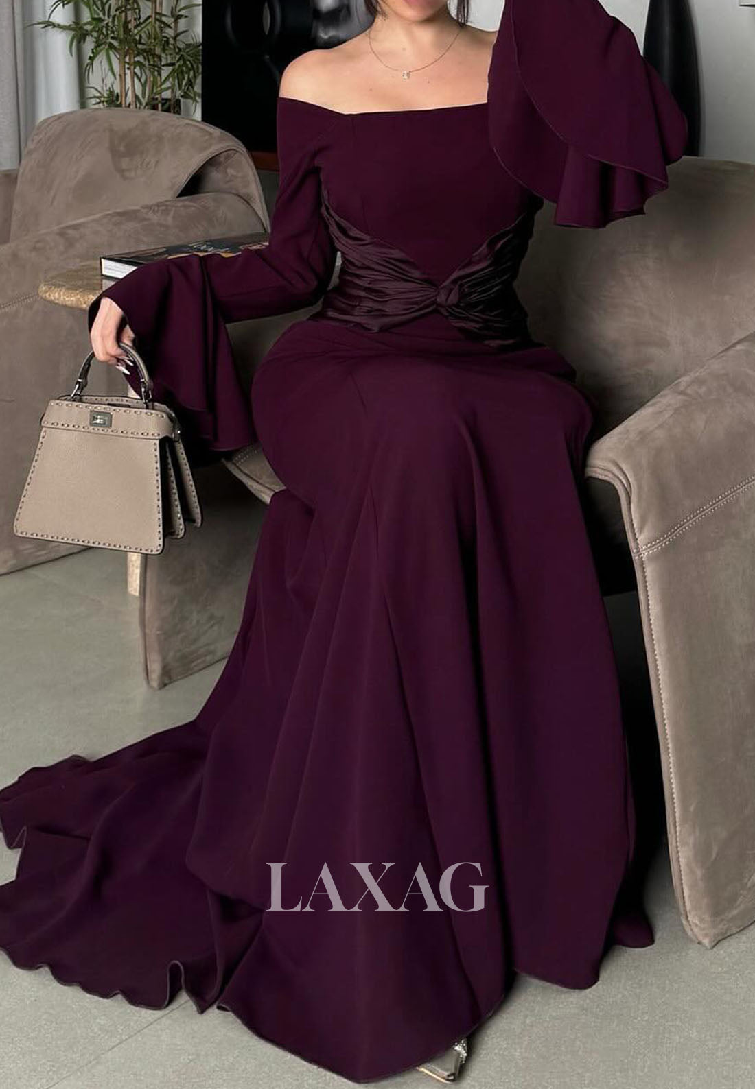 Bateau-Neck Off-Shoulder Long-Bell-Sleeves Pleated Satin Mermaid Formal Evening Dress