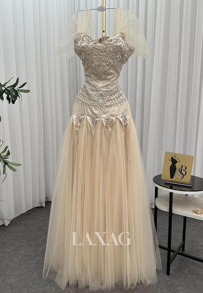 Sweetheart Sleeveless Rhinestone Beaded Pleated Satin Tulle A-Line Formal Evening Dress
