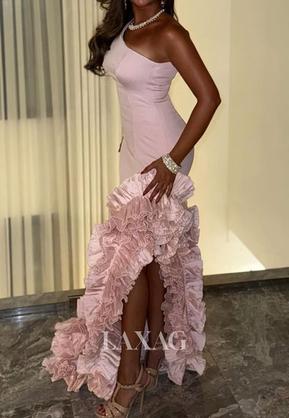 Asymmetrical-Neck Sleeveless Mermaid Prom Dress Off-Shoulder Satin Tiered Evening Gowns