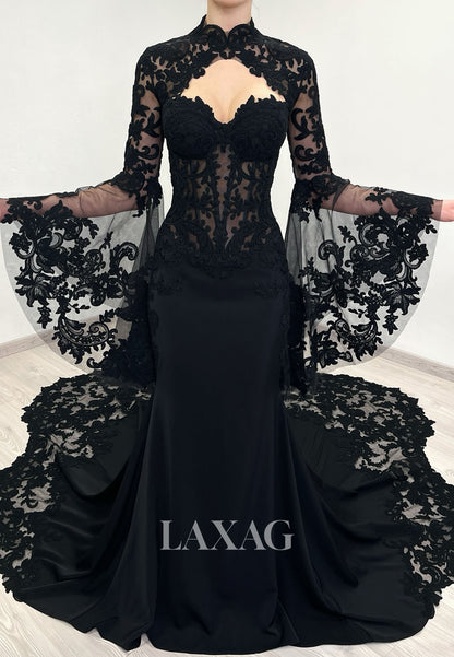 Sweetheart Long-Bell-Sleeves Sheer Pleated Satin&Lace Mermaid Wedding Dress with Train