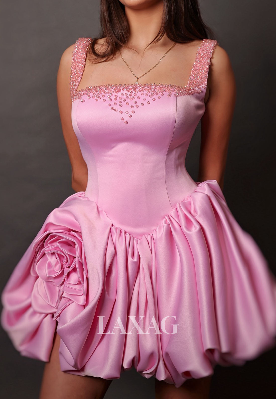 Square-Neck Straps Sleeveless Beaded Pleated Satin Short A-Line Party Homecoming Dress